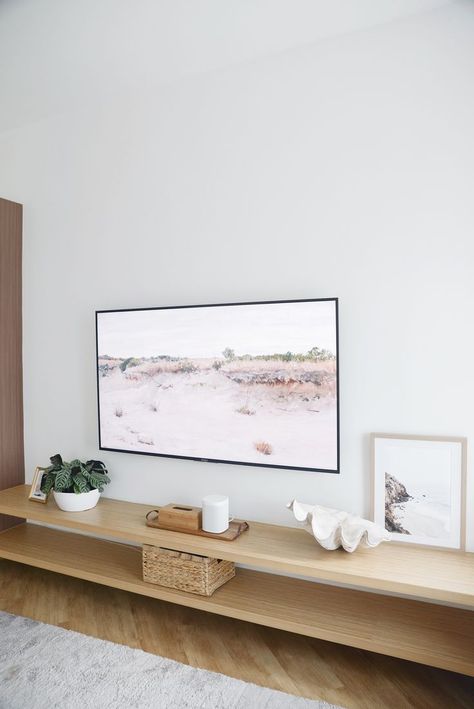 TV console decor ideas Short Tv Console, Tv Without Console, Neutral Tv Console, Low Profile Tv Console, White Oak Tv Console, Floating Console Table Under Tv, Tv Console Decorating Modern, Style A Tv Console, Under Tv Console Decor