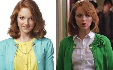 With Labor Day fast approaching, today is " Closet Moving Day " at my house. I'm moving the white shoes, Jack Rogers , patent leather shoes... Emma Pillsbury, Glee Characters, Jayma Mays, Vintage Sweater Clips, Diy Cardigan, Glee Fashion, Cardigan Clips, Sweater Clips, Sweater Pin