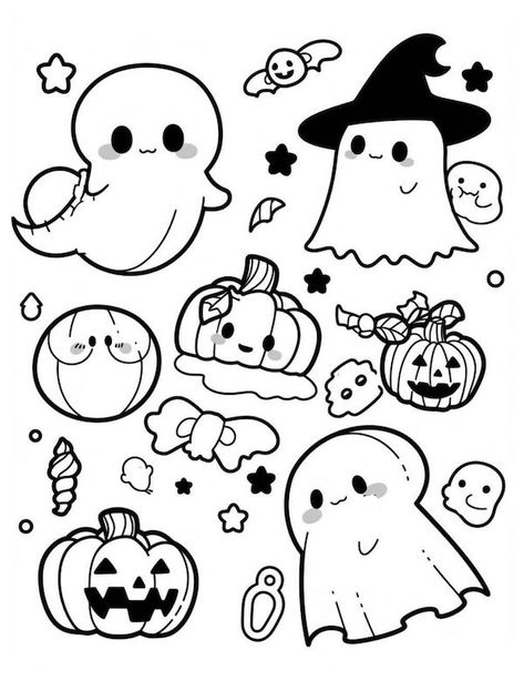 Halloween Black And White Drawing, Halloween Colouring Pages Free, Kawaii Halloween Coloring Pages, Spooky Cute Coloring Pages, Halloween Doodle Art, Pumpkin Coloring Pages For Kids, Halloween Coloring Pages Free Printable, Halloween Colouring Pages, Disney Halloween Coloring Pages