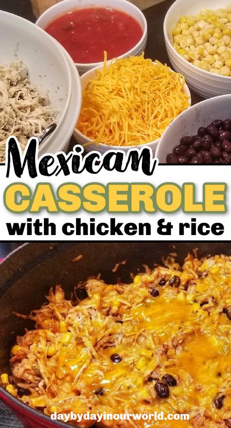 Enjoy the flavors of Mexican cuisine in this easy-to-make chicken and rice casserole. This is a great way to use up leftover chicken. Kid-friendly, both for eating and for them to make dinner for the family. Rotisserie Chicken Recipes Leftover Mexican, Leftover Mexican Chicken Recipes, Rotisserie Chicken Recipes Leftover Taco, Rotisserie Chicken Recipes Leftover Rice, Rotisserie Chicken And Rice Recipes, Easy Mexican Chicken And Rice, Mexican Chicken And Rice Casserole, Leftover Chicken Recipes Easy, Easy Mexican Chicken