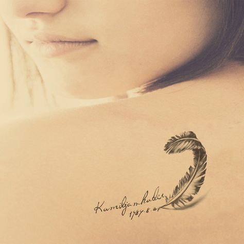 Remembrance Tattoos, Feather Tattoo Design, Best Tattoos For Women, Writing Tattoos, Text Tattoo, Stylist Tattoos, Feather Tattoo, Elephant Tattoos, Spine Tattoos