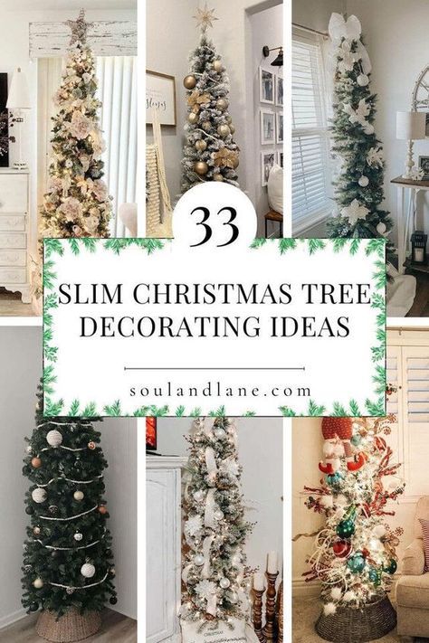 Christmas Trees For Small Apartments, Behind Christmas Tree Decor, Tall Narrow Christmas Tree, Decorated Slim Christmas Trees Ideas, Spruce Christmas Tree Decorations, 12 Ft Slim Christmas Tree, Themed Pencil Christmas Tree Ideas, Slim Christmas Tree Topper, How To Decorate A Bookcase For Christmas