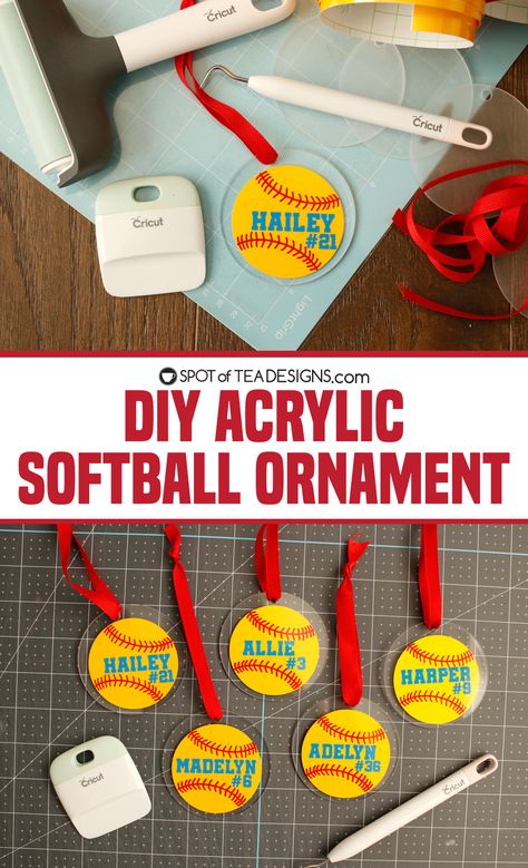 DIY Acrylic Softball Ornament - Spot of Tea Designs Acrylic Softball Keychain Diy, Diy Softball Ornaments, Diy Baseball Ornaments, Sports Crafts To Sell, Diy Softball Gifts, Softball Crafts Diy, Softball Ornaments Diy, Softball Gifts For Players Diy, Softball Christmas Gifts