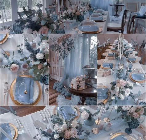 Blue Sage Cream Wedding, Dusty Blue Fairytale Wedding, Wedding Theme Colors Summer 2024, Moki Gray Weddings, Aesthetic Wedding Theme Colors, Outdoor Wedding Blue Theme, Color Themes For Sweet 16, Blue Monochromatic Wedding, Bridgerton Blue Wedding