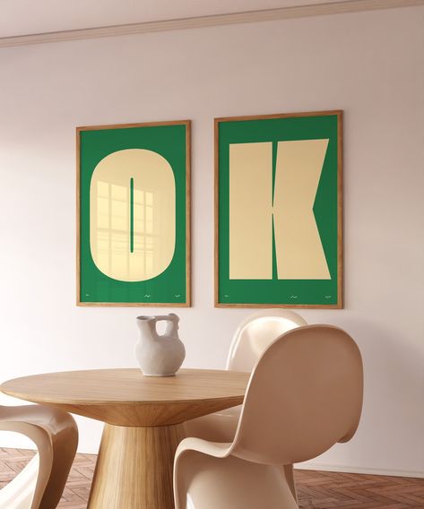 OK Typography Set of 2 Art Print, Green Trendy Retro Wall Art, Mid Century Modern Decor Color Block Wall Art Funky Prints Digital Download - Etsy Color Block Wall, Wall Art Funky, Funky Prints, Art Funky, Dorm Room Walls, Eclectic Gallery Wall, Office Artwork, Art Mid Century Modern, Apartment Art