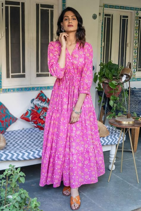 Buy #pink lotus block #printed layered #cotton #maxi dress with front knot tie-up by #RivaajClothing at #AzaFashions Shop online now at #Azafashions.com Call +12132135273 or email contactus@azafashions.com for enquiries. #wedding #festive #ethnic #tradional #shopping #shoponline #party #reception #bride Saree Outfits, Maxi Dress Indian, Cotton Anarkali Kurta, Shaadi Outfits, Linen Style Fashion, Reception Bride, Party Reception, Churidar Designs, Set Saree