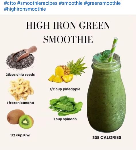 Iron Smoothie, High Iron Smoothies, Smoothie Recipies, Easy Healthy Smoothies, Smoothie Recipes Healthy Breakfast, Foods High In Iron, Smoothie Drink Recipes, High Iron, Healthy Drinks Smoothies