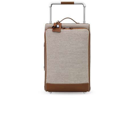 Calèche-express  Hermes rolling luggage in ecru/taupe water-resistant H Tech canvas and fawn barenia calfskin, brushed silver and palladium-plated hardware. Inside: compartment lined with chevron weave, zipped pockets on either side for personal items, large zipped pocket on the closure flap to hold documents and two cotton straps to hold clothing and leather closure flap. Outer applied pocket on the back and protective pouch in ebony nylon mezzo weave.  14" x 21.5" x 10" Hermes Travel Bag, Luggage Bags Travel, Trolley Bags, Leather Luggage, Jute Bags, Big Bags, Hermes Bags, Suitcases, Travel Gear