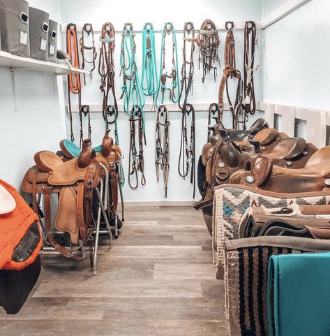 Western Horse Tack Turquoise, Barrel Racing Tack Rodeo, Tack Room Organization, Horse Tack Rooms, Livestock Barn, Barn Remodel, Horse Farm Ideas, Horse Barn Ideas Stables, Horse Barn Designs