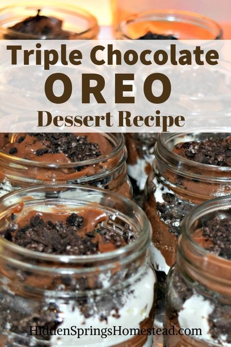 Triple Chocolate Oreo Dessert Recipe in a Jar. This simple 3 ingredient recipe is perfect for anytime. It's the best sweet treat an quick to make. Chocolate Oreo Dessert, Recipe In A Jar, Dessert Jar, Mason Jar Desserts Recipes, Chocolate Layer Dessert, Mason Jar Pies, Layer Dessert, 3 Ingredient Recipe, Oreo Dessert Recipes