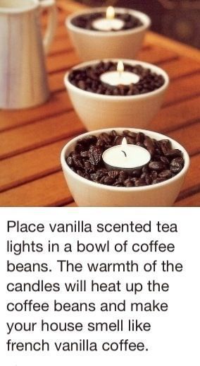 Who knew you could DIY candles by mixing them with other scents! By mixing this vanilla candle with coffee beans, you can enhance your home with the smell of french vanilla coffee! Perfect for early fall mornings. Koti Diy, French Vanilla Coffee, Diy Scent, Concrete Ideas, Vanilla Candle, Vanilla Coffee, House Smell, Product Ideas, Diy House