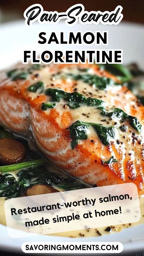 Elevate your dinner game with this Pan-Seared Salmon Florentine! Perfectly seared salmon fillets served on a bed of creamy spinach – a quick and impressive dish bursting with flavor. Your next favorite meal is just a click away! #SalmonFlorentine #PanSeared #SeafoodDinners #CreamyFlorentine #HealthyRecipes #GourmetAtHome #QuickDinner #ElegantMeals #LowCarbDinner #DinnerInspo Pan Seared Salmon Florentine, Rosemary Salmon Recipes, Lightly Smoked Salmon Recipes, Fish Dinner Recipes Salmon, Pan Seared Salmon With Creamy Florentine Sauce, Salmon Asparagus One Pan, Low Fat Salmon Recipes, Salmon Boats Recipe, What To Eat With Salmon