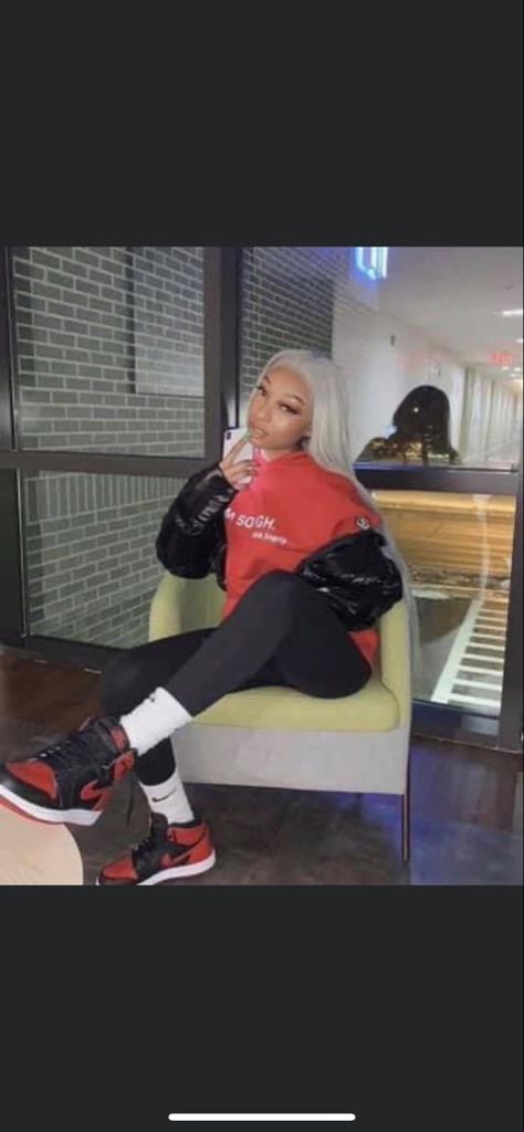 black leggings paired with bred jordan 1s black latex puffer coat and red sweatshirt Red Jordan Mids Outfit, Bred Jordan 1 Outfit Women, Bred Patent 1s Outfit, Black Women Jordans Outfit, Outfits With Ones Jordans, Black And Red Sneakers Outfit, Black And Red Shoes Outfit, Outfit Ideas With Red And Black Jordans, Red Black Jordans Outfit