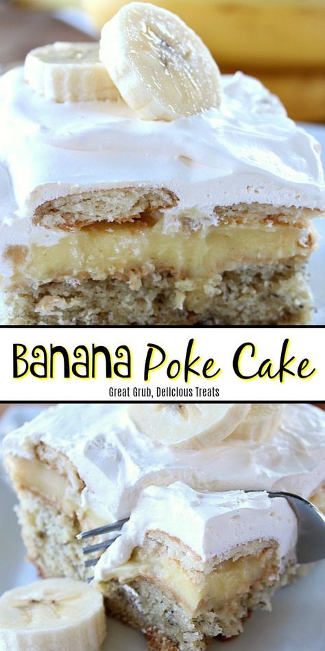 Banana Poke Cake is a delicious banana cake recipe topped with banana pudding, cool whip and fresh banana slices. #banana #cake #desserts #pokecake #homemade #greatgrubdelicioustreats Banana Pudding Cool Whip, Cool Whip Banana Pudding, Banana Poke Cake, Refrigerator Desserts, Banana Desserts, Banana Pudding Poke Cake, Butter Cakes, Banana Bread Cake, Box Cakes