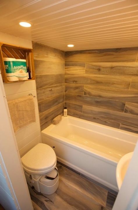 203 Sq. Ft. Tiny House on Wheels Built-in Bicycle Garage House Bathroom Ideas, Tiny Home Bathrooms, Tiny House Bathtub, House Bathroom Designs, Home Stratosphere, Tiny House Bathroom Ideas, Simple Bathroom Designs, Wood Wall Bathroom, Best Tiny House