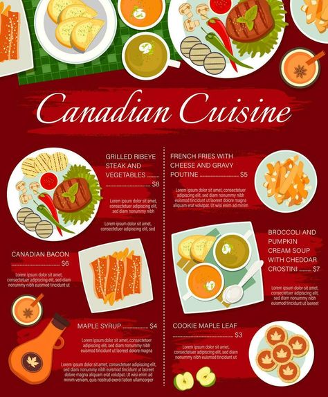 Canadian food restaurant meals menu vector page Canada Culture, French Fries With Cheese, Cream Of Pumpkin Soup, Restaurant Meals, Canadian Cuisine, Grilled Ribeye, Food Vocabulary, Canadian Bacon, Culture Food