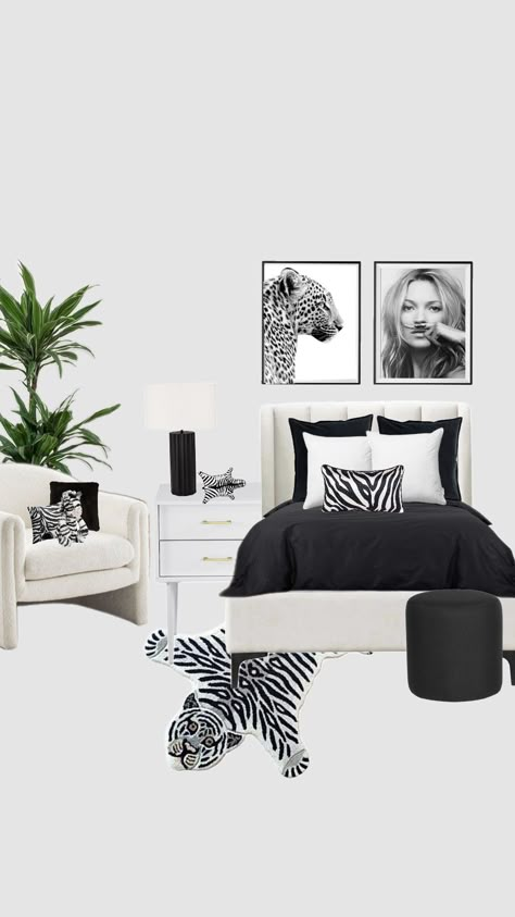 Room ideas ! 🦓 First shuffle !! Room inspo #blackandwhite #zebra #roominspo #roomdecor #cute #wishlist Kate Moss Leopard, Zebra Print Rooms, Animal Bedroom Decor, Leopard Room, Cute Wishlist, New York Bedroom, Zebra Room, Black And White Room, Vibe Rooms