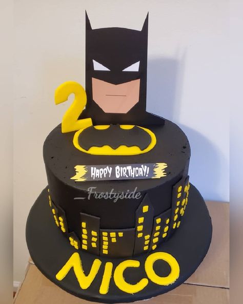 Base covered in black buttercream and decorations in fondant. 8inch w/3 layer cake. Cake Batman, 3 Layer Cake, Black Buttercream, 2nd Birthday Cake, 3 Layer Cakes, Batman Cake, 2 Birthday Cake, Layer Cake, 2nd Birthday