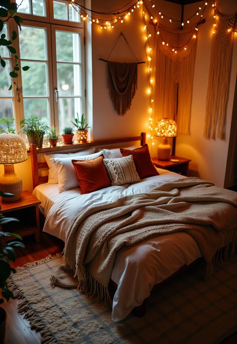 Boho Bedroom with Curtain Lights Cozy Boho Bedroom, Neon Lights Bedroom, Hippie Bedroom, Fairy Lights Bedroom, Cozy Boho, Red Bedding, Bedroom Red, Sparkling Lights, Vibrant Patterns