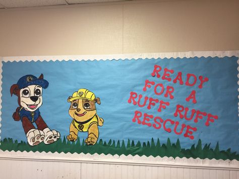 Paw Patrol "Ready for a Ruff Riff Rescue" Bulletin board Paw Patrol Bulletin Board Ideas, Paw Patrol Classroom Theme, Owl Classroom Door, Daycare Door Ideas, Handprint Art Kids, Paw Patrol Decorations, Daycare Classroom, Owl Classroom, Boards Ideas