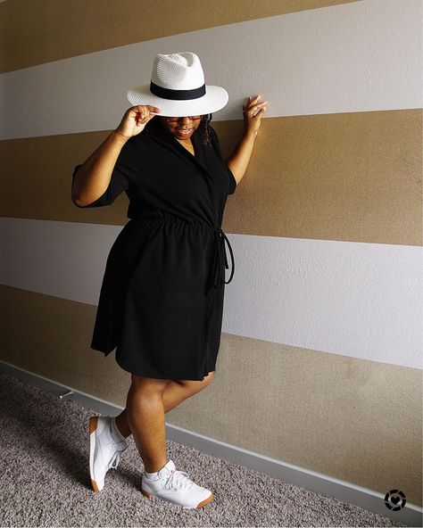 African American woman in Black Button Down Dress with White Reebok Sneakers Straw Hat And Dress Outfit, Hat And Dress Outfit, Black Button Down Dress, Reebok White Sneakers, Womens Beach Hat, Hat Fedora, White Reebok, Summer Fashions, Beach Hats