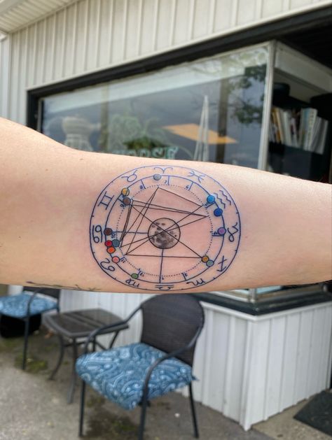 Natal Chart Tattoo Astrology, Zodiac Wheel Tattoo, Astrology Chart Tattoo, Star Chart Tattoo, Natal Chart Tattoo, 4th House Astrology, Birth Chart Tattoo, Astral Tattoos, Astrology Wedding