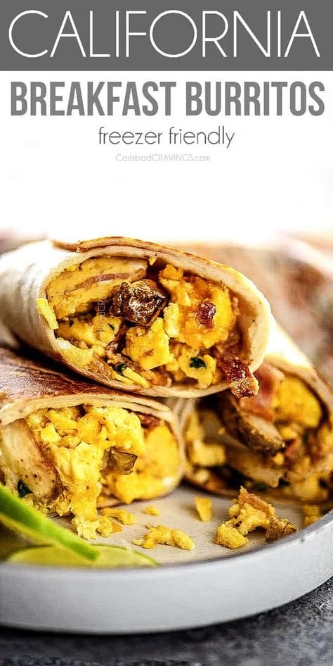 California Breakfast Burritos are the BEST breakfast burritos loaded with Mexican French fries, cheesy bacon-eggs, rolled in a toasted tortilla with Creamy Salsa. Freezer and make ahead instructions!   #breakfastburrito #breakfast #Mexicanrecipes #breakfastrecips #californiaburrito #californiabreakfastburrito #recipe #burrito #eggs #bacon #French Fries via @carlsbadcraving Toasted Tortilla, Desserts Mexican, California Breakfast, Recipes Enchiladas, Best Breakfast Burritos, Breakfast Burritos Frozen, Mexican Desserts, Creamy Salsa, Pork Carnitas Slow Cooker