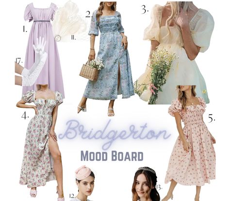 Dresses, flowers, jewelry and more from the popular Netflix series Bridgerton Birthday Theme Outfits Women, Bridgeton Themed Party Dress, Bridgerton Themed Party Outfit, Bridgeton Inspired Dresses, Bridgerton Bridal Shower Ideas Outfits, Bridgerton Theme Dress, Bridgerton Themed Outfits, Bridgerton Theme Outfit, Modern Day Bridgerton Outfits