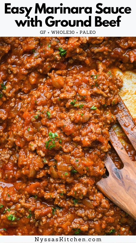 This easy marinara sauce with ground beef is a healthy, short cut version of a classic full flavored Italian meat sauce that is ready in 30 minutes flat! All the flavor with minimal effort for an easy protein rich addition to any meal. Makes enough sauce for approximately one pound of pasta. Gluten free, paleo, and whole30 compatible. Paleo Marinara Sauce, Ground Beef Meat Sauce Recipe, Meaty Marinara Pasta, Quick Meat Sauce, Beef Red Sauce Pasta, Quick Meat Sauce Ground Beef, Simple Meat Sauce Ground Beef, Ground Beef Meat Sauce, Ground Meat Spaghetti Recipes