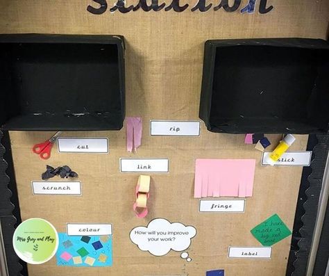 abcdoes #TakeOverTuesday with @missgreyandplay “This is another display which my followers loved. It is a creation station display to help enhance things like junk modelling. It also includes shelves made with boxes and a washing line to display learning” . Art Area Eyfs, Creative Area Eyfs, Nursery Display Boards, Year 1 Classroom, Reception Classroom, Maths Display, Reception Class, Eyfs Classroom, Early Years Classroom