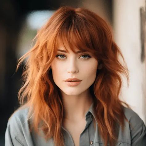 Fringe Hairstyles Red Hair, Cowboy Copper Hair Medium Length, Auburn Hair Color With Bangs, Medium Red Hair With Bangs, Red Head Bangs Long Hair, Copper Lob With Bangs, Long Copper Hair With Bangs, 70s Red Hair, Red Hair Shag Cut