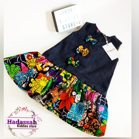 Denim and Ankara mix gown for kids Babies Gown Styles, Ankara Gown For Kids Girl, Kids Ankara Gown Styles, Ankara Style For Kids, Ankara Gown For Kids, Ankara For Kids, Children Ankara Gowns, Kids Gown Design, Baby African Clothes