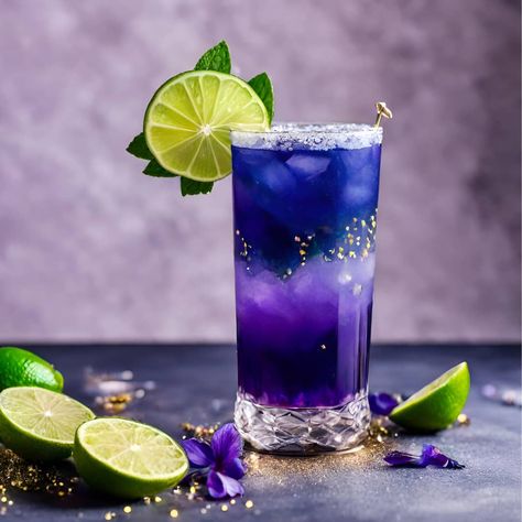 Galactic Glow (Healthy Mocktail Recipe) - This Butterfly Bliss Cocktail is not only visually stunning but also a delightful and refreshing drink perfect for special occasions or a relaxing evening. Adjust the sweetness and citrus levels according to your taste preferences. Cheers! Butterfly Mocktails, Fantasy Mocktail, Blue Mocktails Non Alcoholic Recipes, Purple Mocktail Non Alcoholic, Mocktail Recipe Purple, Mocktails Lavender, Galaxy Mocktail, Galaxy Drink, Healthy Mocktail