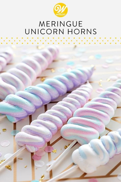 Meringue Pops, Wilton Icing, Unicorn Horns, Unicorn Desserts, Unicorn Themed Birthday Party, Unicorn Birthday Cake, Icing Colors, Cookie Pops, Unicorn Foods