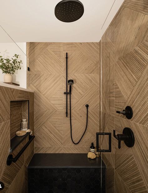 Spa Shower Ideas, Brown Tile Bathroom, Shower With Bench, Wood Tile Shower, Tile Walk In Shower, Wood Tile Bathroom, Bathroom Bench, Bathroom Oasis, Marble Showers