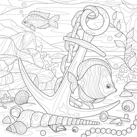 Seabed Drawing, Underwater Scene Drawing, Aquatic Drawings, Anchor Illustration, Fish Sketch, Colouring Pictures, Scene Drawing, Background Drawing, Sea Theme