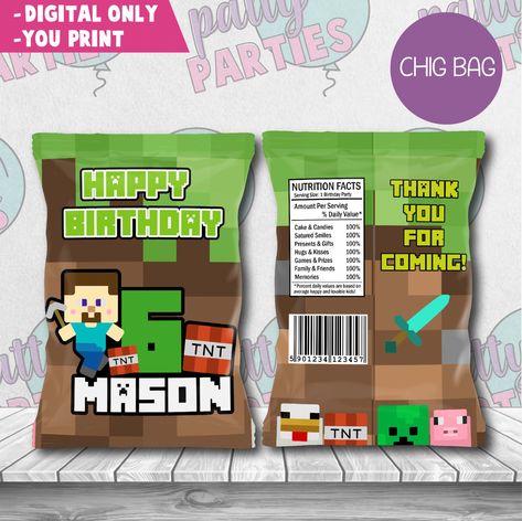 Minecraft Cupcake, Minecraft Goodie Bags Favors, Minecraft Giveaways Party Ideas, Minecraft Loot Bag Ideas, Minecraft Loot Bags, Minecraft Birthday Giveaways, Minecraft Party Printables, Minecraft Party Supplies, Minecraft Chip Bag