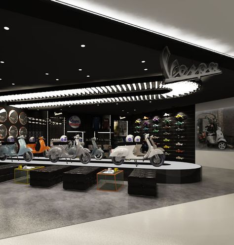 Motorcycle Showroom Interior, Motorcycle Showroom Design, Vespa Shop, Motorcycle Store, Motorcycle Shop, Showroom Interior Design, Garage Interior, Interior Display, Showroom Design