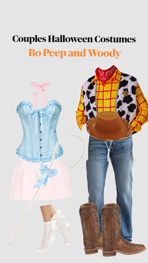 Bo Peep and Woody 🩷🤎 Woody Inspired Outfit, Woody And Bo Peep Costume, Bo Peep And Woody, Woody And Bo Peep, Little Bo Peep Costume, Woody Costume, Trio Halloween Costumes, Couples Halloween Outfits, Cute Couple Halloween Costumes