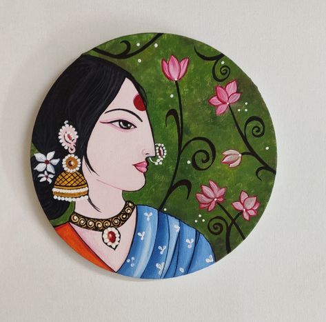 Jhumka Painting On Canvas, Circle Canvas, Fabric Painting Techniques, Folk Art Flowers, Pichwai Paintings, Madhubani Art, Indian Folk Art, Madhubani Painting, Art Painting Gallery