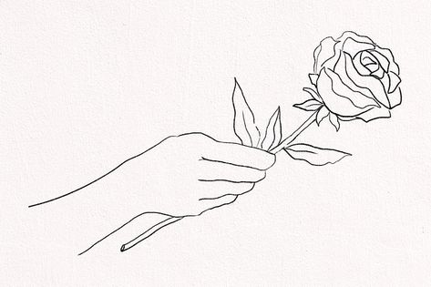 Hand Holding Rose Reference, Hand Holding Bouquet Drawing, Holding A Rose Drawing, Eileen Book, White Rose Drawing, Rose Line Drawing, Rose Flower Sketch, Line Art Rose, Sketch Rose