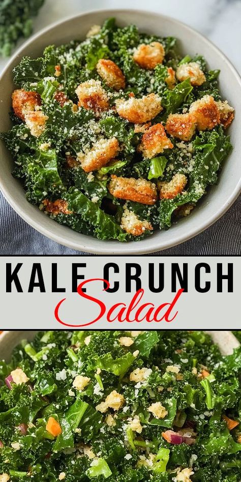 This Kale Crunch Salad is a perfect mix of crispy, crunchy, and refreshing! Packed with healthy ingredients, it’s great for any meal. #KaleSalad #HealthyEating #CrunchySalad #SaladRecipes #EasyMeals #KaleLovers The Best Kale Salad, Meal Prep Kale Salad, Chopped Kale Recipes, Italian Kale Salad, Kat Can Cook Salad, Pasta Kale Salad, Kale Recipes Salad, Kale Salad Recipes Healthy, Salad Mix Recipes