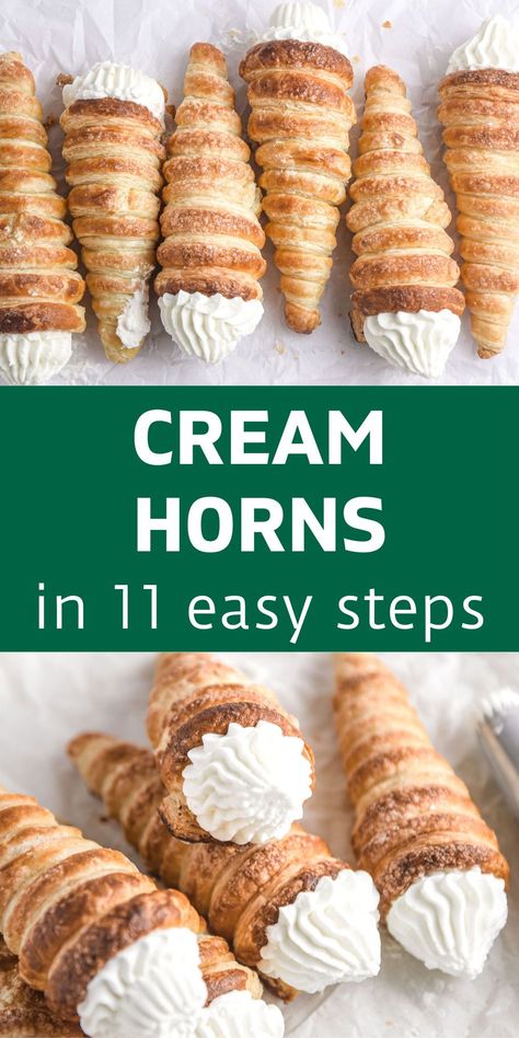 Do you love baking and pastry? With only 5 ingredients you can make bakery-quality cream horns boasting crumbly pastry and a sweet vanilla cream filling. Save this to your list of pastry recipes! Cream Horns Recipe, Pastry Treats, Whipped Cream Filling, Puff Pastry Recipes Dessert, Cream Filling Recipe, Breakfast Dessert Recipes, Puff Dessert, Homemade Pastry, Vanilla Cream Filling