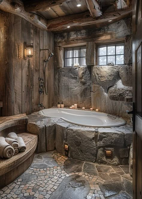 Bathroom With Stone, Canada Living, Creative Bathroom Design, Hunting Cabin Decor, Stone Bathtub, Rustic Shower, Rustic Bathroom Vanities, Cabin Bathrooms, Architecture Bathroom