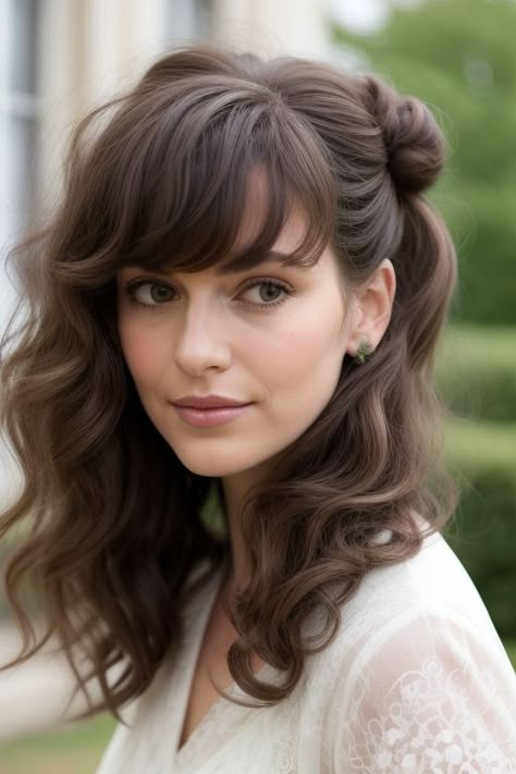 Event Hairstyles With Bangs, Half Up Dos For Medium Hair With Bangs, Bridesmaid Hair With Bangs, Bridal Hair With Bangs, Updo Hairstyles With Bangs, Updos With Bangs, Ginger Hairstyles, Updo With Bangs, Formal Hairdos