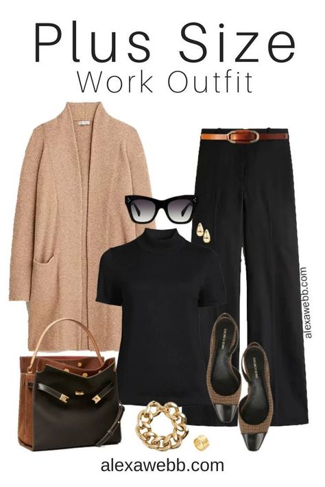 Plus Size Neutral Office Outfit - A plus size work outfit with black trousers, a black mock neck top, camel cardigan, and plaid heels. Perfect for fall and winter work days. Alexa Webb Winter Outfits For Plus Size, Black Mock Neck Top, Neutral Office, Alexa Webb, Plus Size Fall Outfit, Look Plus Size, Office Outfits Women, Office Outfit, Fashion Mistakes