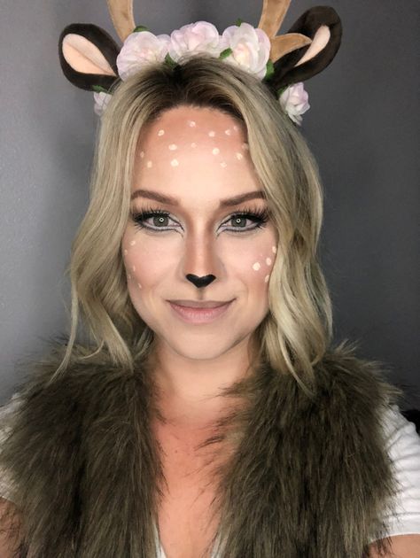 Halloween makeup for woodland deer look Women’s Deer Makeup, Reindeer Makeup Simple Kids, Deer Costume Women Makeup, Diy Deer Makeup, Diy Deer Face Makeup, Woman Deer Costume Diy, Ladies Deer Costume, Reh Make Up, Womens Deer Costume Diy