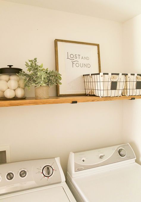 Laundry Room One Shelf, Simple Laundry Room Shelf, Small Laundry Room Ideas Rental, Laundry Room Floating Shelves Decor, Laundry Room Shelves Decor, Decorate Laundry Room Shelves, Laundry Shelf Decor, Diy Laundry Room Shelf, Floating Shelves Laundry Room