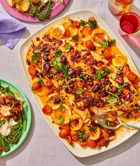 Yotam Ottolenghi’s baked salmon and sides for Easter – recipes | Food | The Guardian Sides For Easter, Otto Lenghi, Yotam Ottolenghi Recipes, Olive Sauce, Rosemary Roasted Potatoes, Roasted Broccolini, Ottolenghi Recipes, Preserved Lemons, Yotam Ottolenghi