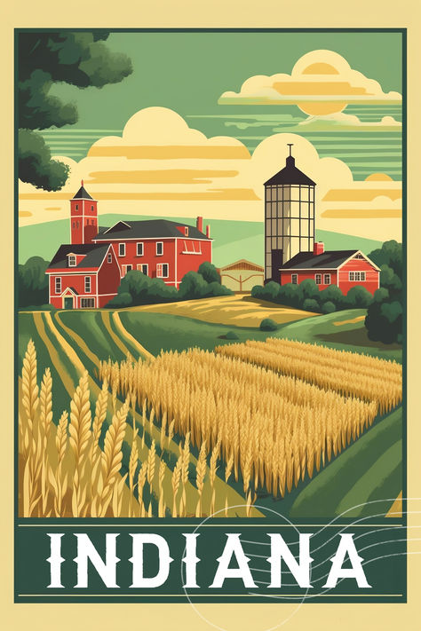 Capture the essence of Indiana's natural beauty, landmarks, and heritage with our Indiana Vintage Travel Poster Print. This high-quality, vintage-inspired print is the perfect addition to your collection for travel enthusiasts. Location Poster Design, Indiana Landscape, Vintage Destination Posters, Vintage Oklahoma Posters, Indiana Landscape Photography, Indiana Poster, Indiana Landmarks, Vintage Postcards Travel, Indiana Travel